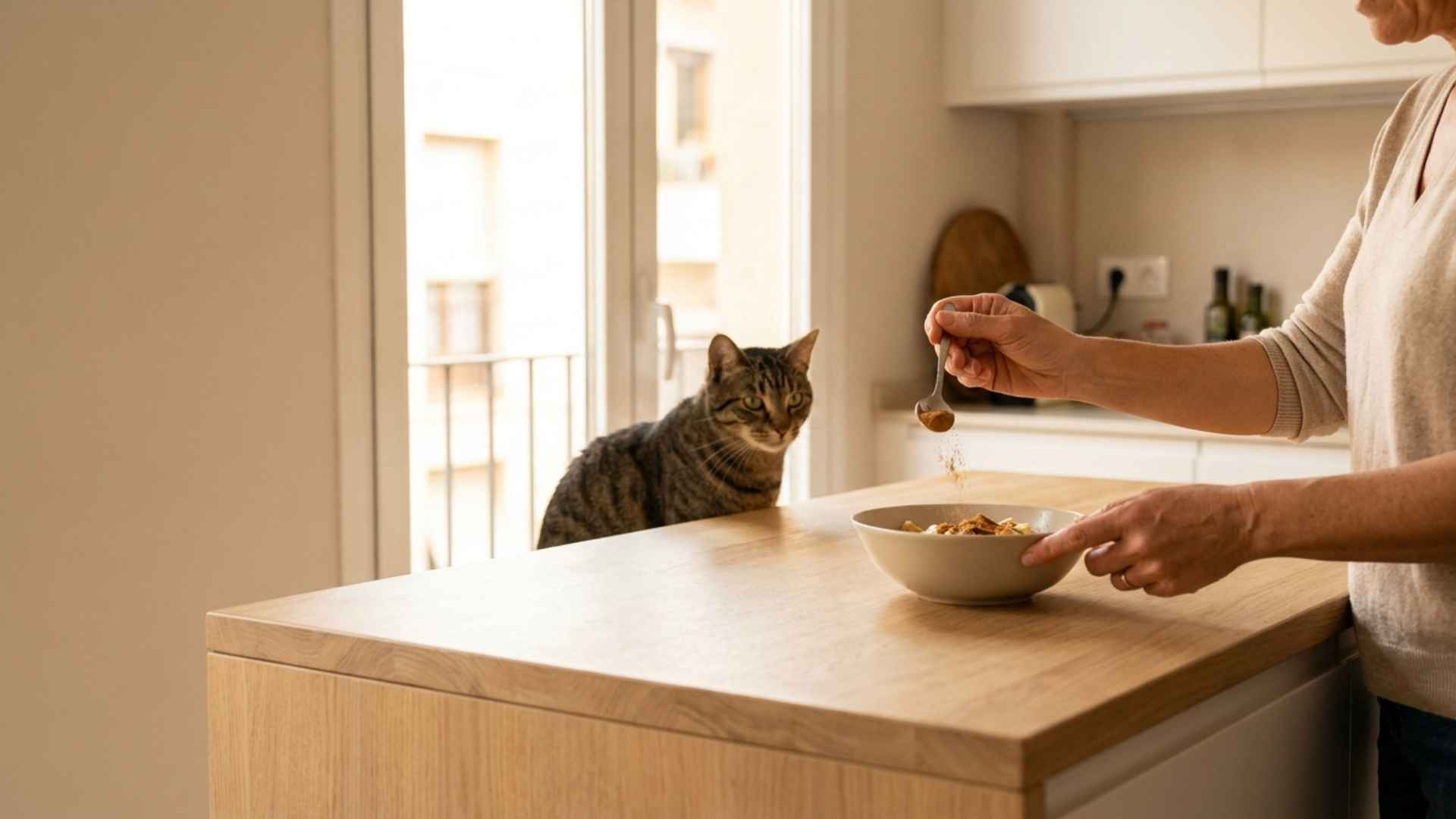 mujer suplementando la comida del gato